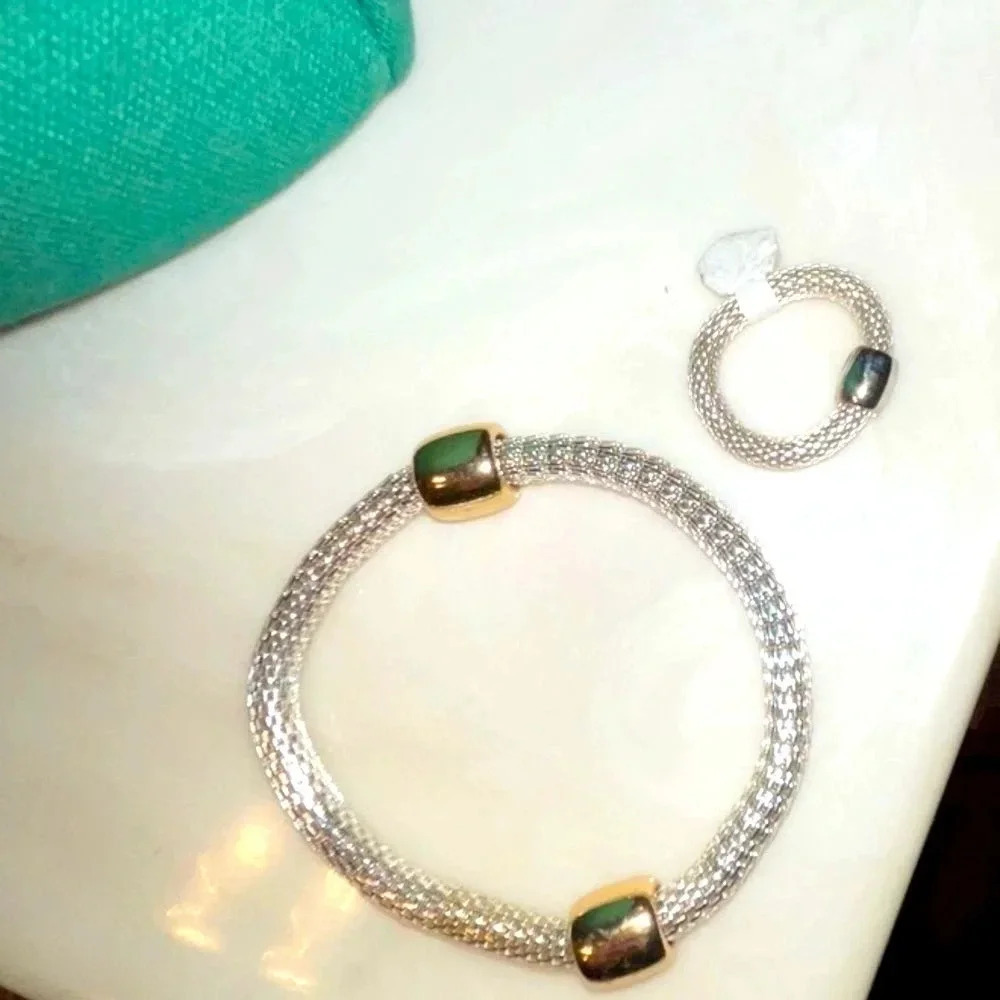 VINTAGE STERLING MESH DONUT SHAPED PENDANT ON 18” CHAIN W BRACELET AND R… - Picture 11 of 15